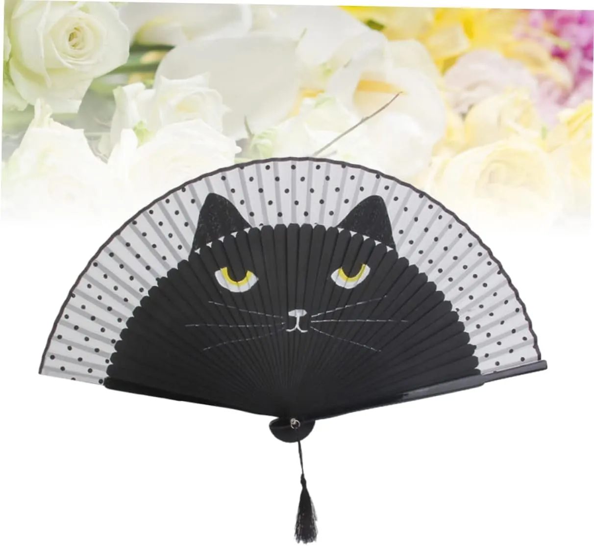 2pcs Handheld Women Silk Fan Cartoon Cat Design for Weddings Parties and Unique Black Cat Style with Smooth Texture and Decorative Tassel Pendant