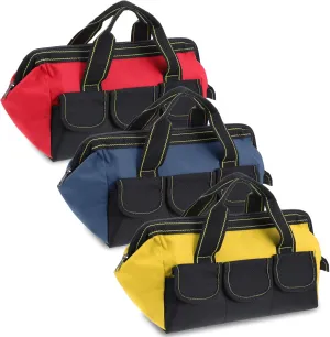 3 Pack 13 Inch Tool Bag, Wide Mouth Tool Tote Bag with Waterproof Base, Heavy Duty Tool Storage Bag Organizer for Various Tools, 5 Pockets, Blue, Yellow, Red