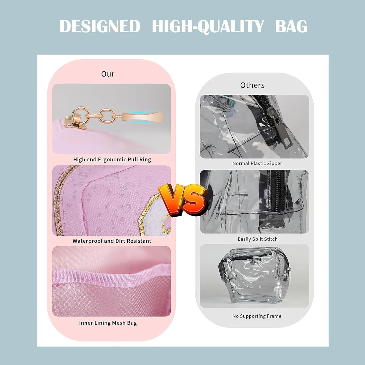 3 Pack Clear Toiletry Bag,Portable Travel Makeup Bags with Golden Zipper, TSA Approved Clear Organizer Bags,Make Up Pouches, Carry-on Travel Accessories Essentials,Gifts for Women,Blue