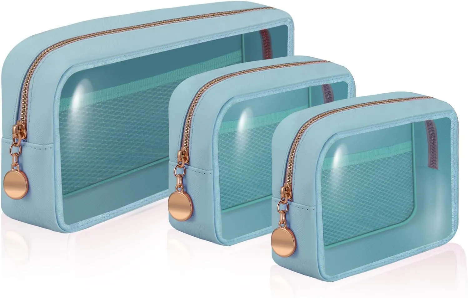 3 Pack Clear Toiletry Bag,Portable Travel Makeup Bags with Golden Zipper, TSA Approved Clear Organizer Bags,Make Up Pouches, Carry-on Travel Accessories Essentials,Gifts for Women,Blue