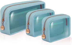 3 Pack Clear Toiletry Bag,Portable Travel Makeup Bags with Golden Zipper, TSA Approved Clear Organizer Bags,Make Up Pouches, Carry-on Travel Accessories Essentials,Gifts for Women,Blue