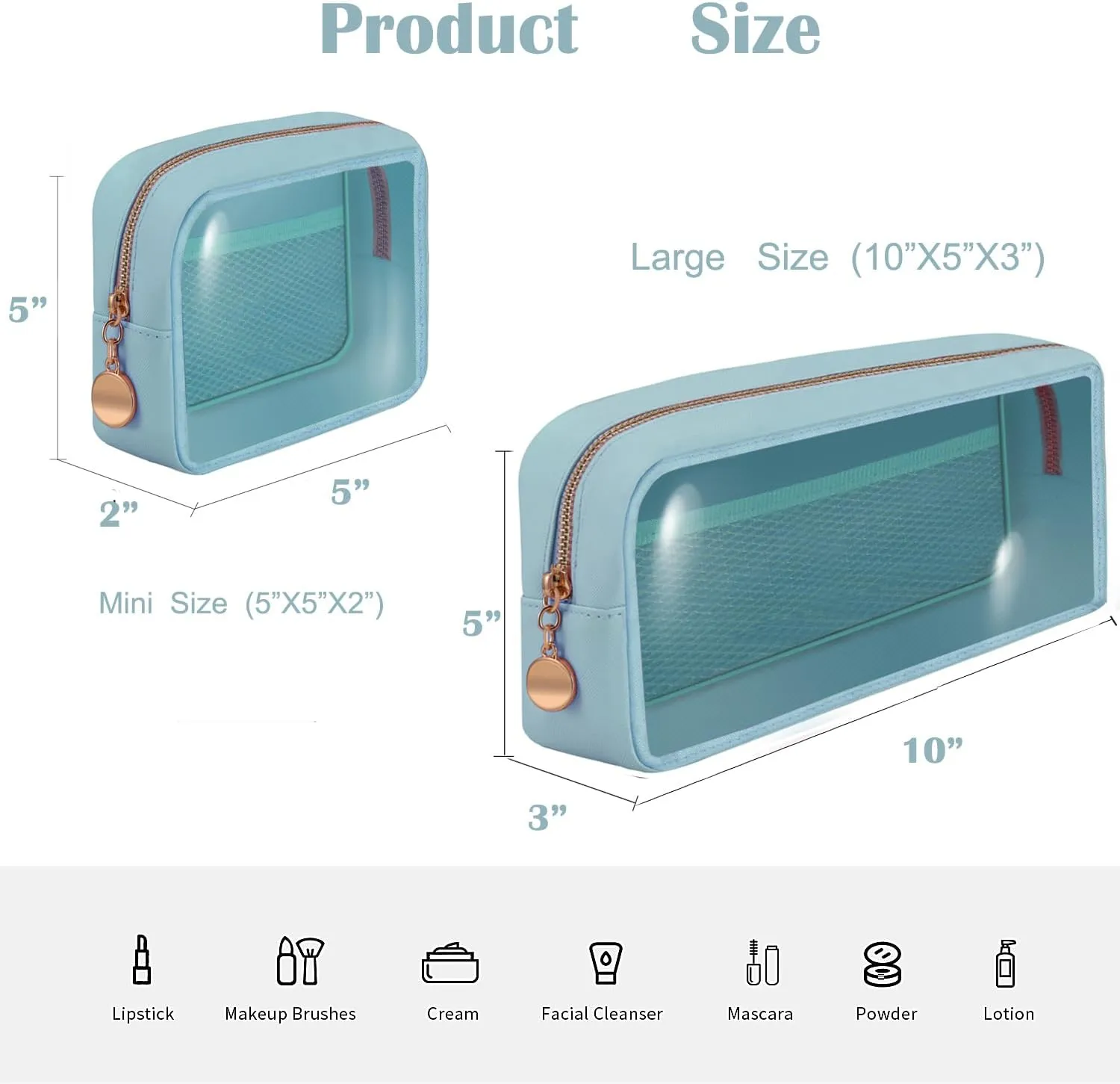3 Pack Clear Toiletry Bag,Portable Travel Makeup Bags with Golden Zipper, TSA Approved Clear Organizer Bags,Make Up Pouches, Carry-on Travel Accessories Essentials,Gifts for Women,Blue
