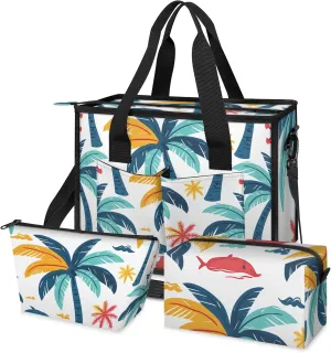 3-Piece Tropical Palm Print Tote Set, Large Insulated Satchel Shoulder Bag with Crossbody Strap and 2 Accessory Pouches, Three-piece set is Perfect for Daily Work, Shopping or Dates