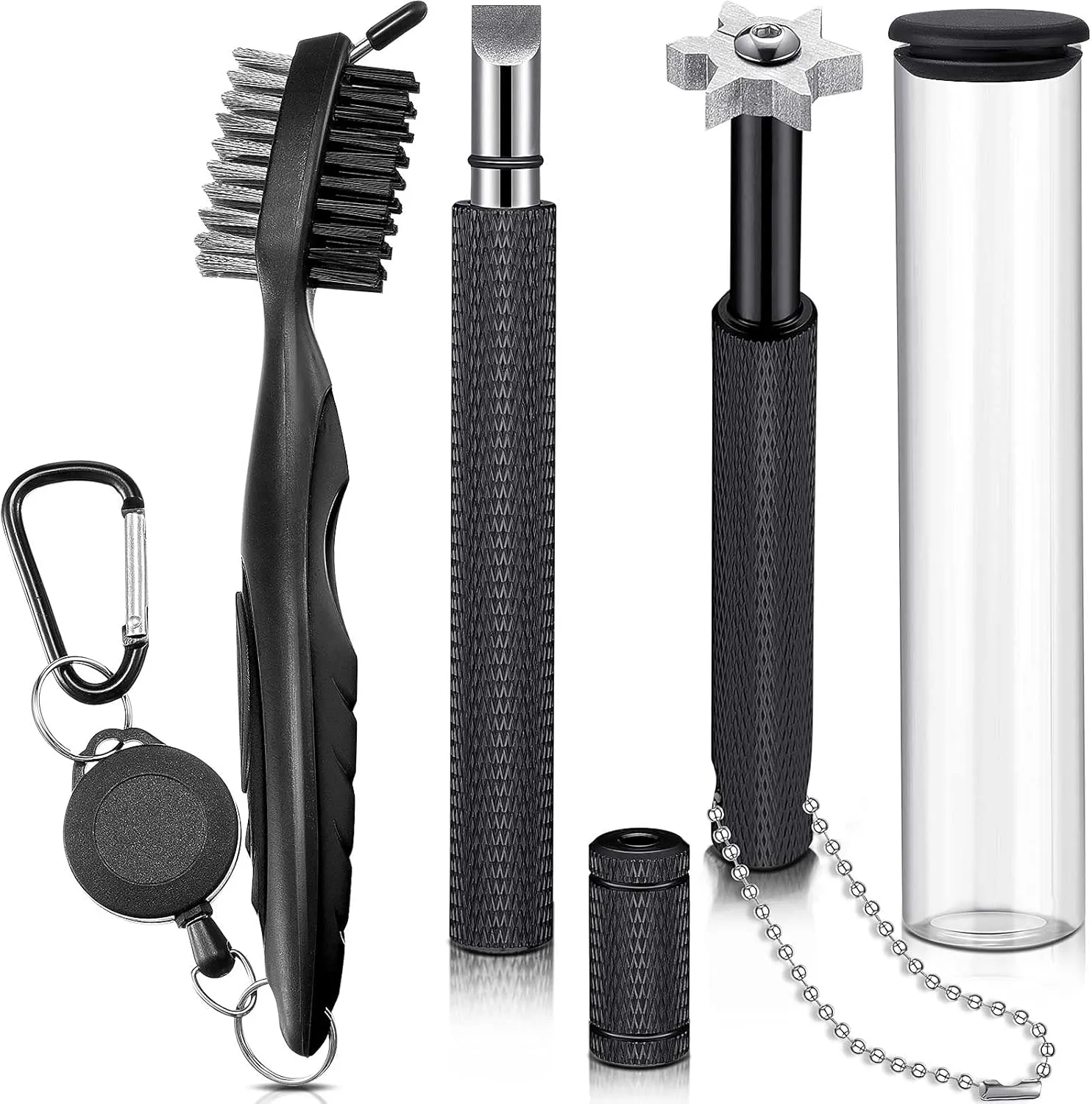 3 Pieces Golf Club Groove Sharpener Retractable Brush and 6-Head Groove Sharpener Re-Grooving Tool and Cleaner for All Golf Irons Pitching, Sand, Lob, Approach Wedges, Utility Clubs(Black)