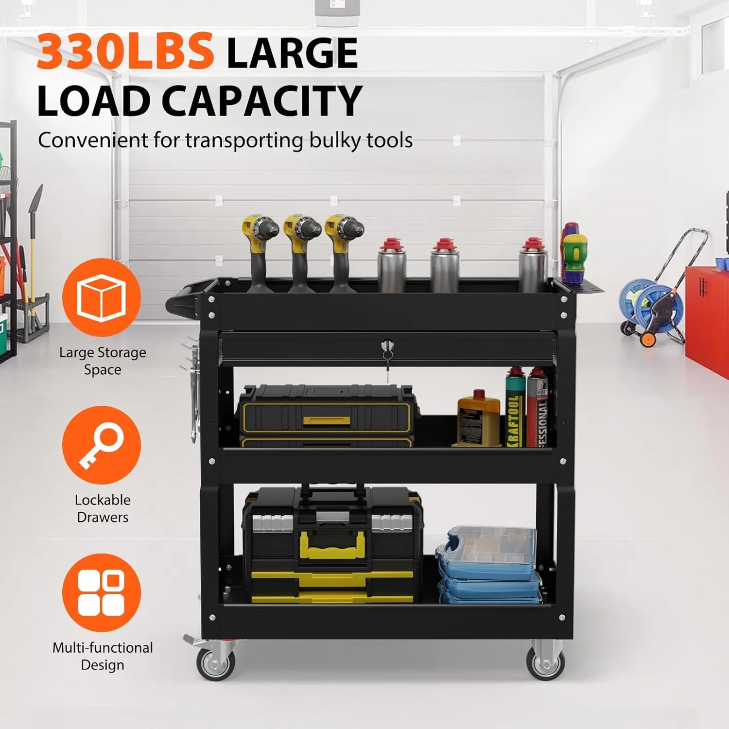3-Tier Heavy Duty Utility Cart on Wheels, Rolling Tool Cart on Wheels with a Drawer, 350 Lbs Load Capacity Service Cart for Warehous, Garage and Repair Shop (Black)