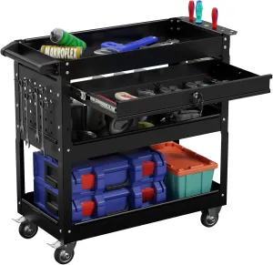 3-Tier Heavy Duty Utility Cart on Wheels, Rolling Tool Cart on Wheels with a Drawer, 350 Lbs Load Capacity Service Cart for Warehous, Garage and Repair Shop (Black)