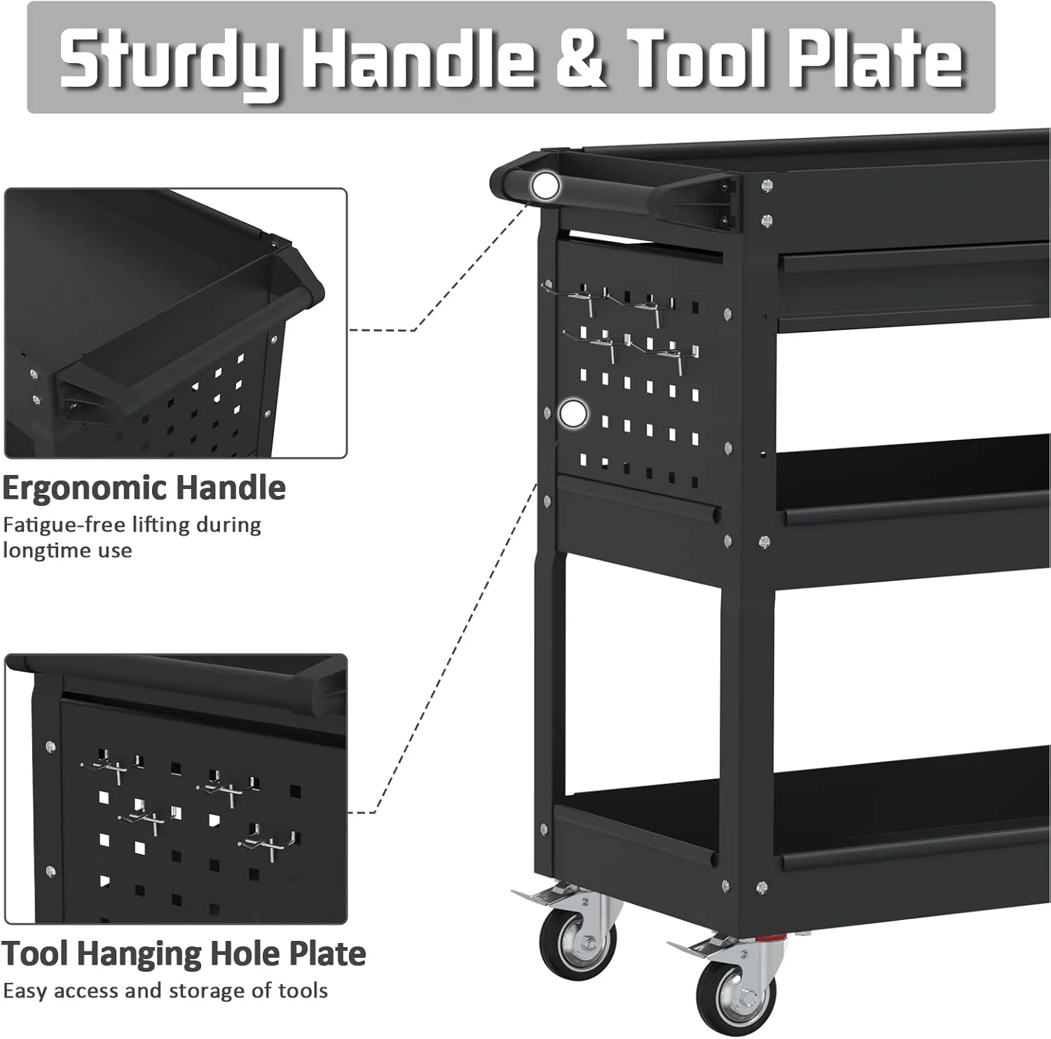 3 Tray Rolling Tool Cart, 400 LBS Capacity Mechanic Tool Carts on Wheels, Heavy Duty Utility Cart with Drawers, Metal Work Cart for Garage, Warehouse and Repair Shop, Black