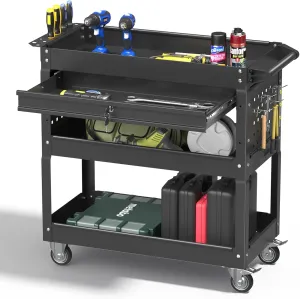 3 Tray Rolling Tool Cart, 400 LBS Capacity Mechanic Tool Carts on Wheels, Heavy Duty Utility Cart with Drawers, Metal Work Cart for Garage, Warehouse and Repair Shop, Black