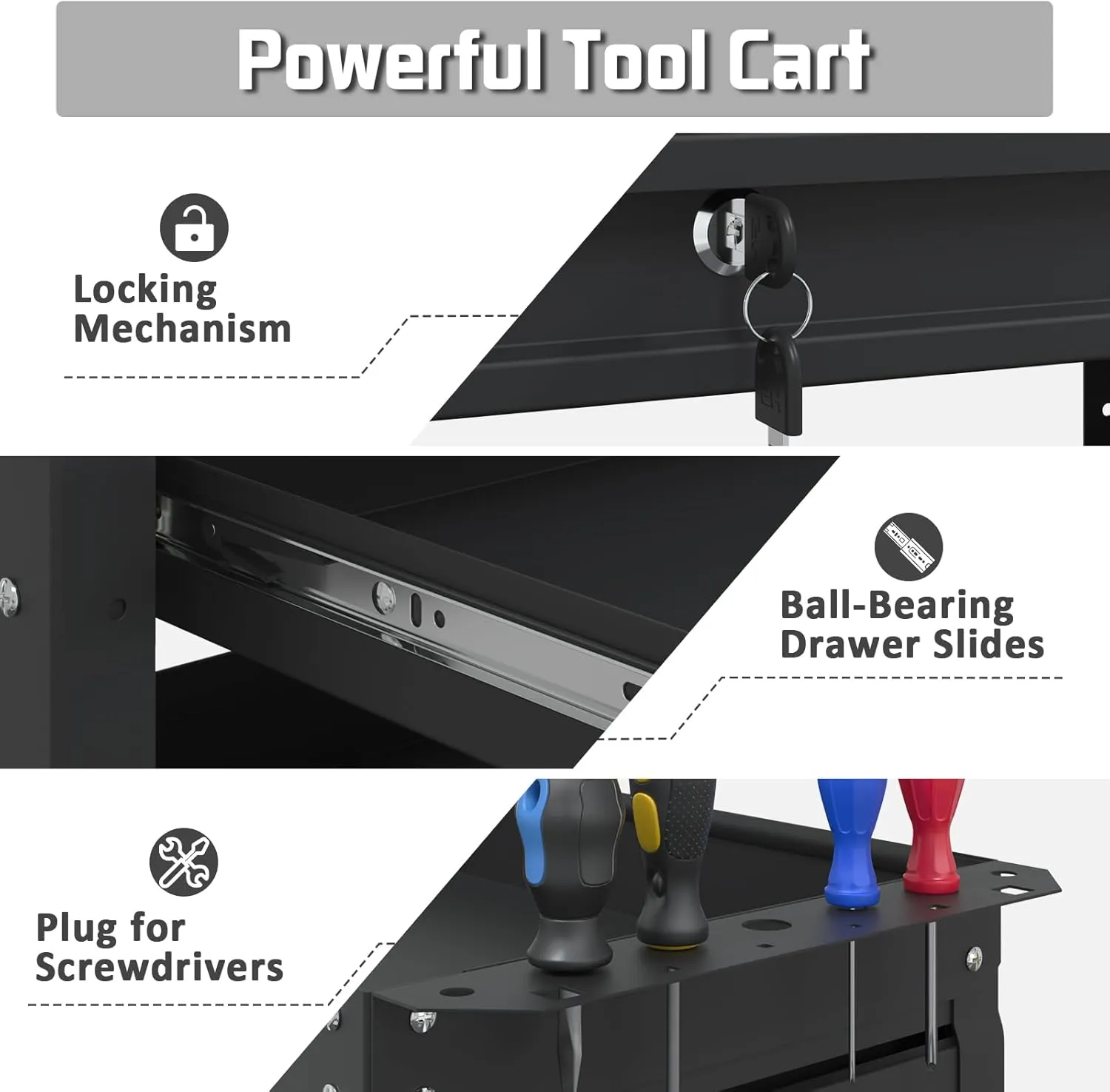 3 Tray Rolling Tool Cart, 400 LBS Capacity Mechanic Tool Carts on Wheels, Heavy Duty Utility Cart with Drawers, Metal Work Cart for Garage, Warehouse and Repair Shop, Black
