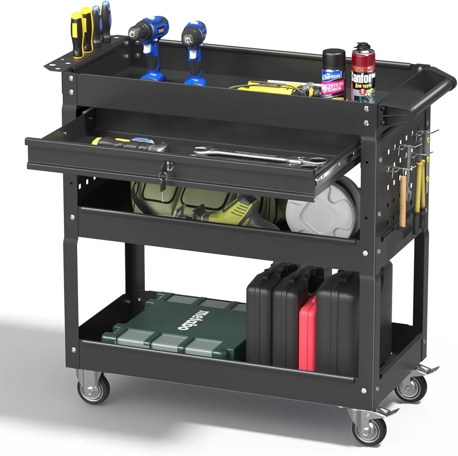 3 Tray Rolling Tool Cart, 400 LBS Capacity Mechanic Tool Carts on Wheels, Heavy Duty Utility Cart with Drawers, Metal Work Cart for Garage, Warehouse and Repair Shop, Black
