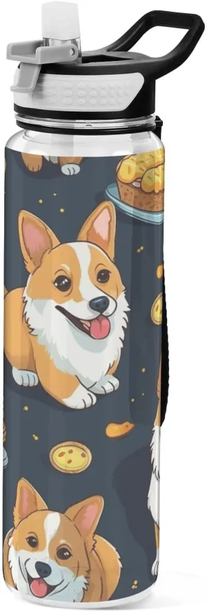 32 oz Water Bottle with Straw Tritan BPA Free Cute Corgis and Foods Sports Water Bottle with Carry Handle LeakProof Perfect for Travel School Gym Fitness Outdoor