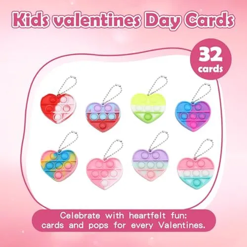 32Pcs Heart Shape Pop Fidget Toy with Card for Kids, School Classroom Exchange Kit for Kids, Party Favor Supplies for Kids