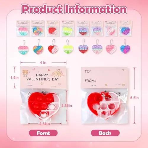 32Pcs Heart Shape Pop Fidget Toy with Card for Kids, School Classroom Exchange Kit for Kids, Party Favor Supplies for Kids
