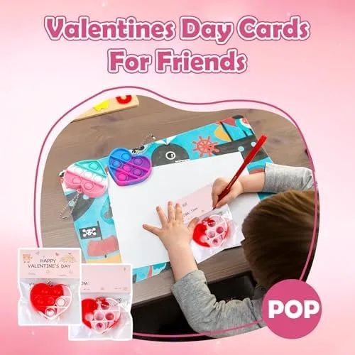 32Pcs Heart Shape Pop Fidget Toy with Card for Kids, School Classroom Exchange Kit for Kids, Party Favor Supplies for Kids