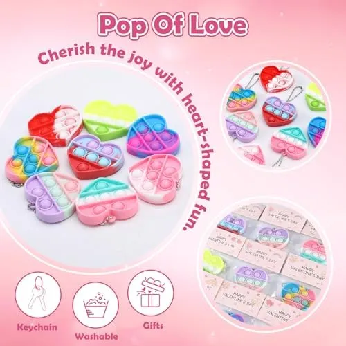 32Pcs Heart Shape Pop Fidget Toy with Card for Kids, School Classroom Exchange Kit for Kids, Party Favor Supplies for Kids
