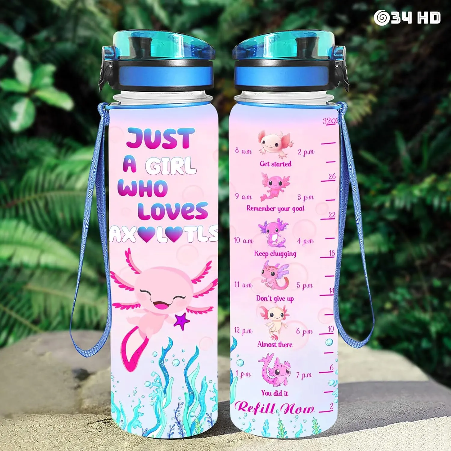 34HD Axolotl 32oz Water Bottle, Cute Motivational Bottle for Women, Gym Bottle with Time Marker, Hydration Gift for Wife, Birthday Christmas Gifts for Axolotl Lovers