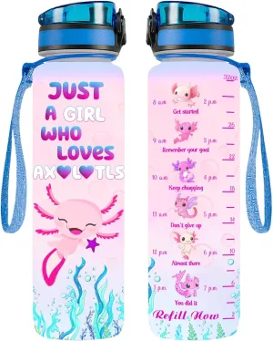 34HD Axolotl 32oz Water Bottle, Cute Motivational Bottle for Women, Gym Bottle with Time Marker, Hydration Gift for Wife, Birthday Christmas Gifts for Axolotl Lovers