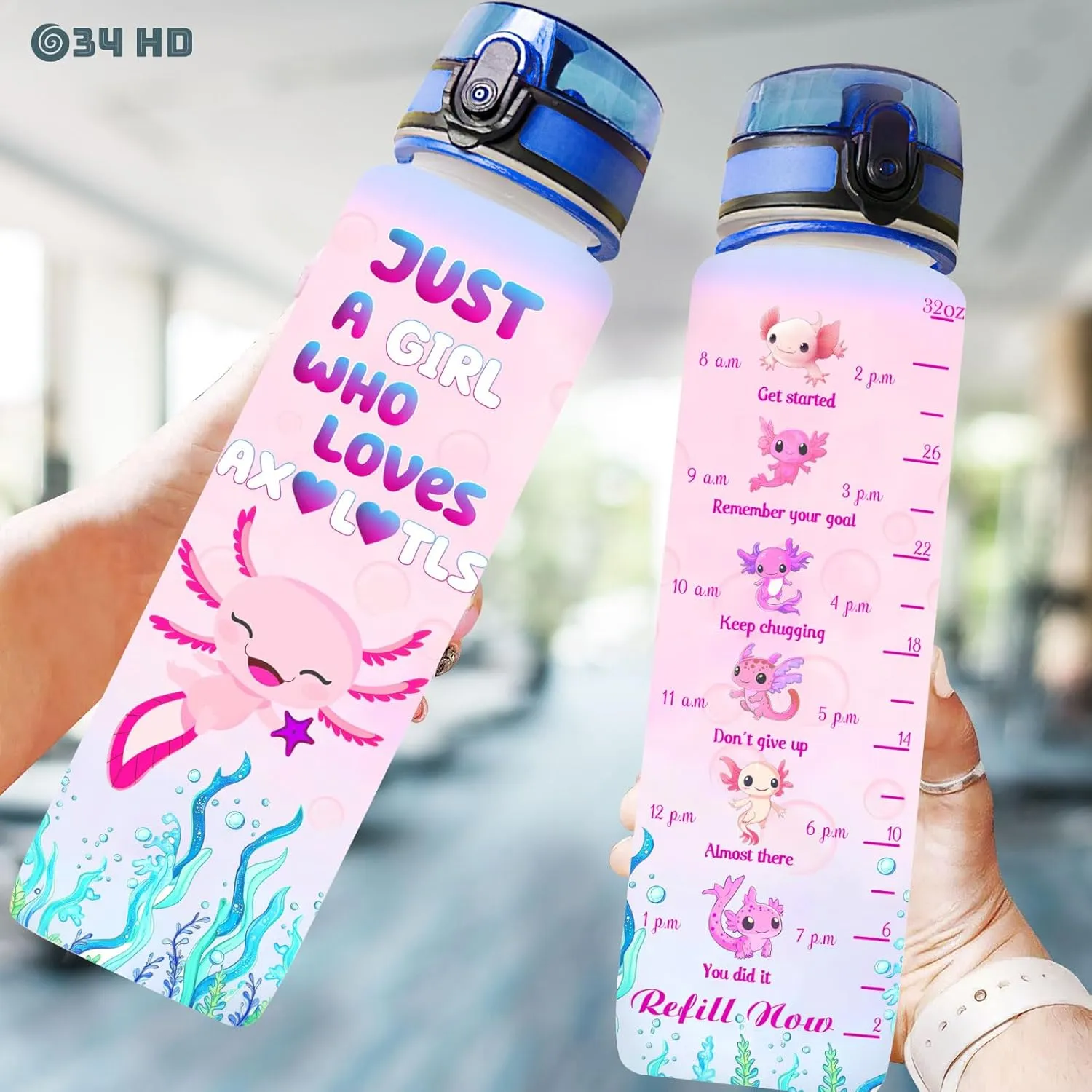 34HD Axolotl 32oz Water Bottle, Cute Motivational Bottle for Women, Gym Bottle with Time Marker, Hydration Gift for Wife, Birthday Christmas Gifts for Axolotl Lovers