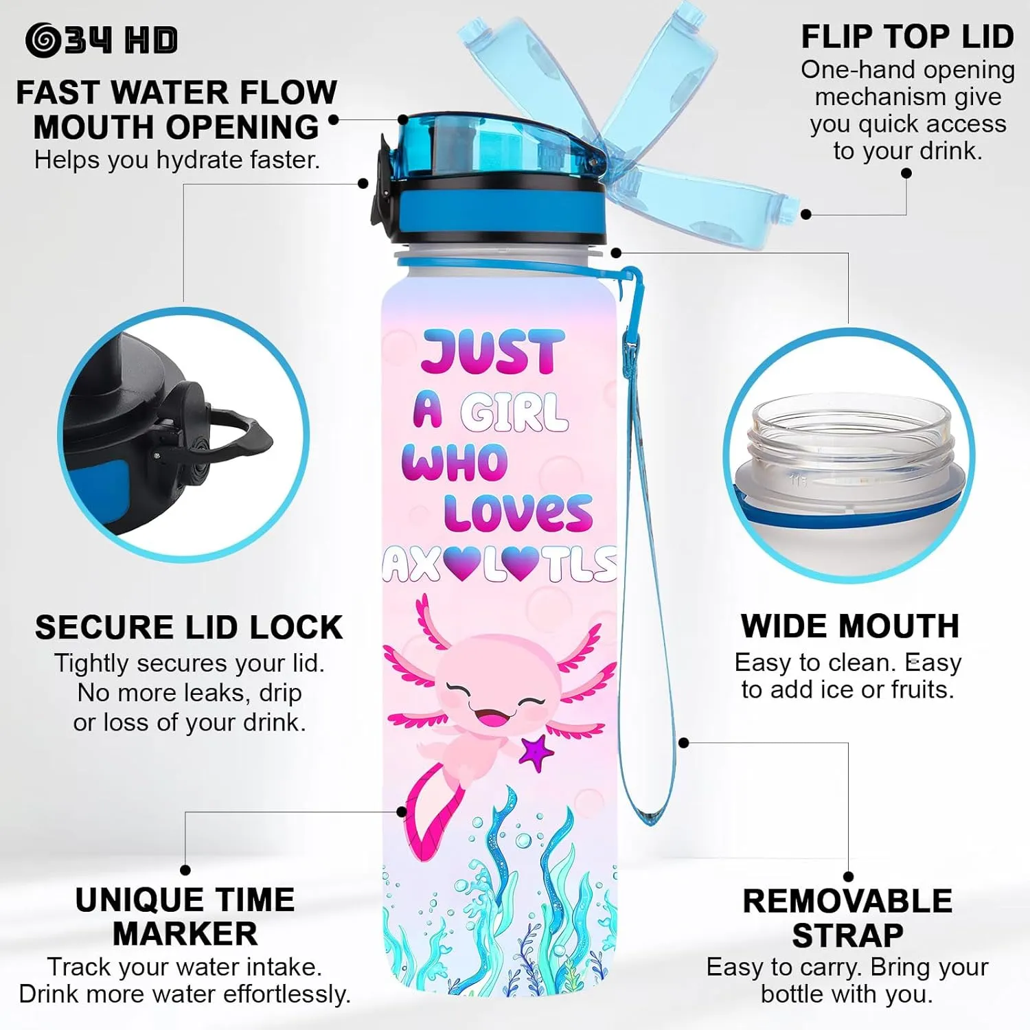 34HD Axolotl 32oz Water Bottle, Cute Motivational Bottle for Women, Gym Bottle with Time Marker, Hydration Gift for Wife, Birthday Christmas Gifts for Axolotl Lovers