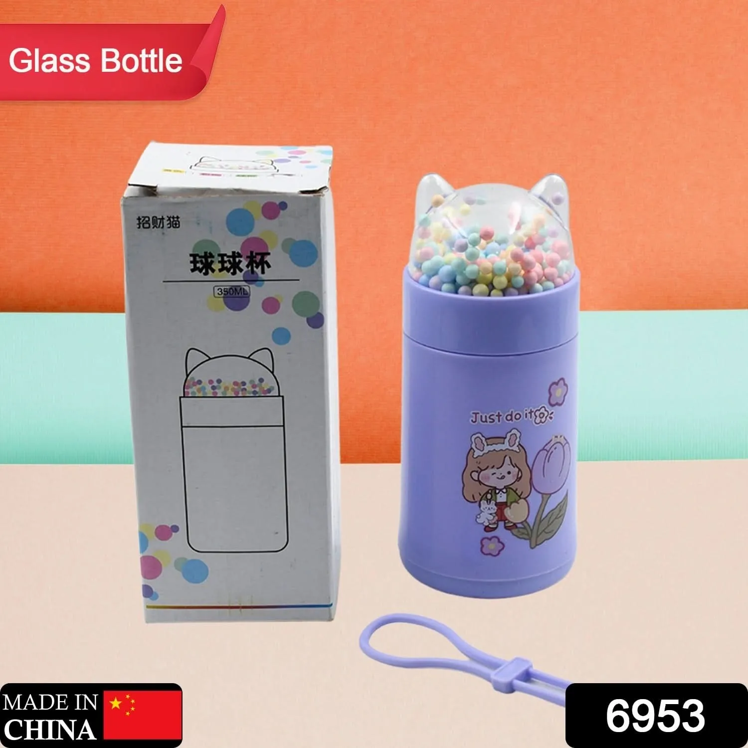 350 ml girls glass water bottle with sparkle strap cat lid and glitter sequins MOQ 80 pcs