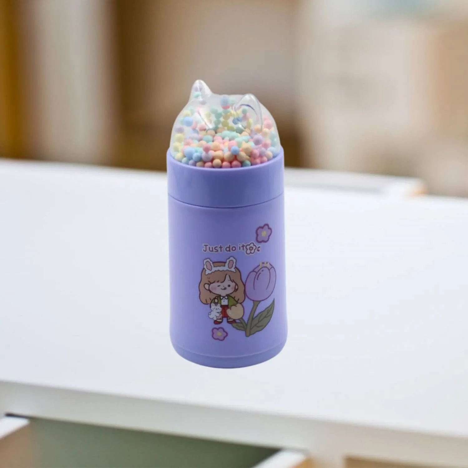 350 ml girls glass water bottle with sparkle strap cat lid and glitter sequins MOQ 80 pcs