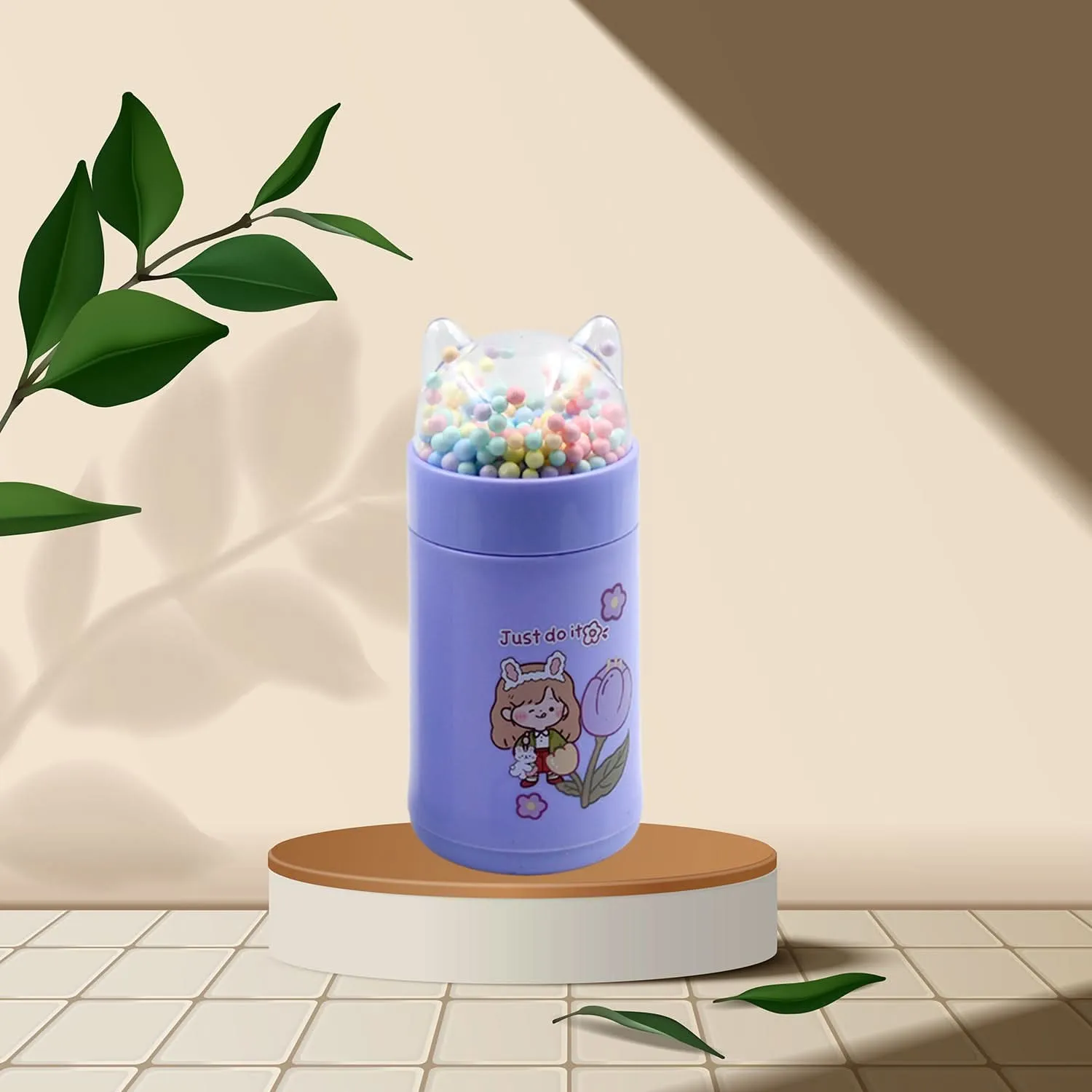 350 ml girls glass water bottle with sparkle strap cat lid and glitter sequins MOQ 80 pcs