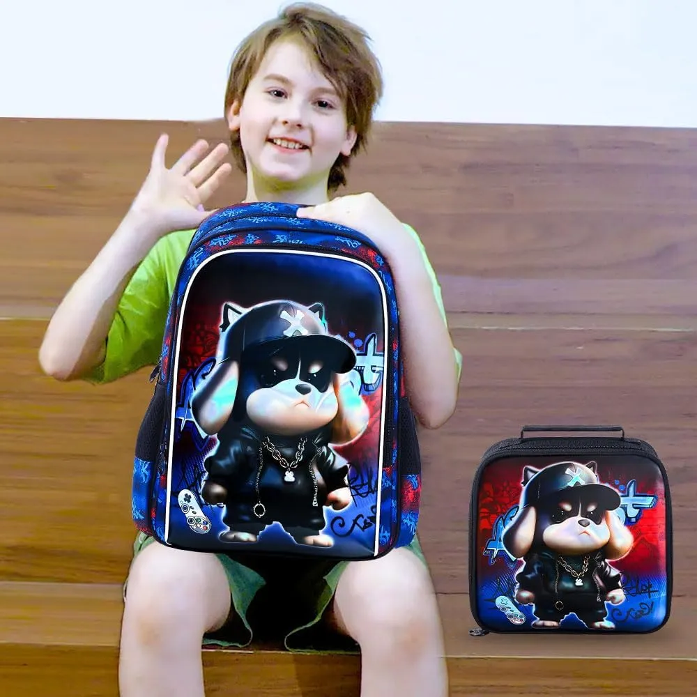 3PCS Boys Backpack, 16'' Kids Dog Preschool Bookbags with Lunch Box, Cool Animal Water Resistant School Bag for boys Elementary Kindergarten Toddler