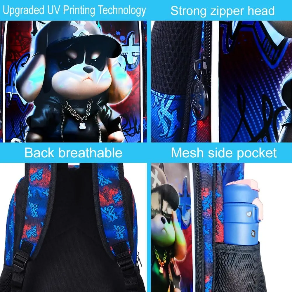 3PCS Boys Backpack, 16'' Kids Dog Preschool Bookbags with Lunch Box, Cool Animal Water Resistant School Bag for boys Elementary Kindergarten Toddler