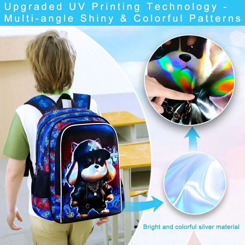 3PCS Boys Backpack, 16'' Kids Dog Preschool Bookbags with Lunch Box, Cool Animal Water Resistant School Bag for boys Elementary Kindergarten Toddler