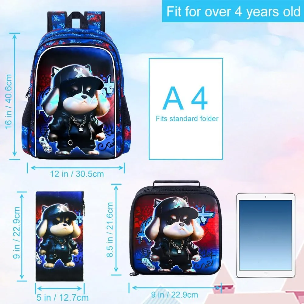 3PCS Boys Backpack, 16'' Kids Dog Preschool Bookbags with Lunch Box, Cool Animal Water Resistant School Bag for boys Elementary Kindergarten Toddler