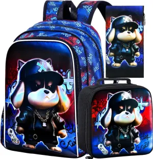 3PCS Boys Backpack, 16'' Kids Dog Preschool Bookbags with Lunch Box, Cool Animal Water Resistant School Bag for boys Elementary Kindergarten Toddler