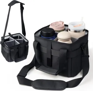 4 Cup Drink Carrier,Water Bottle Holder with Strap & Adjustable Dividers,Reusable Water Bottle Bag for Travel and Coffee Delivery,Fits Full Size Tumblers and Cup,Upgraded Dual-Buckle Secure Strap