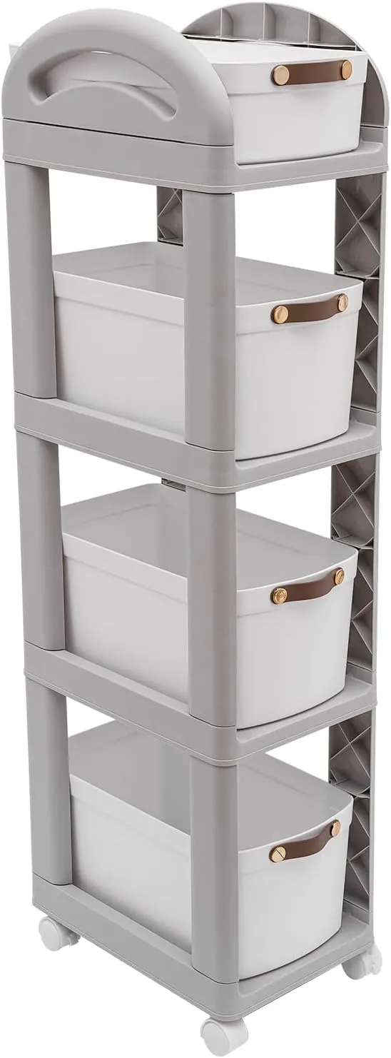 4 Tier Storage Rack, Storage Shelf, Movable Storage Organizer with Wheels, Utility Carts, Bag Storage Rack with Pulleys, Movable Household Trolley, Bag Storage Tool