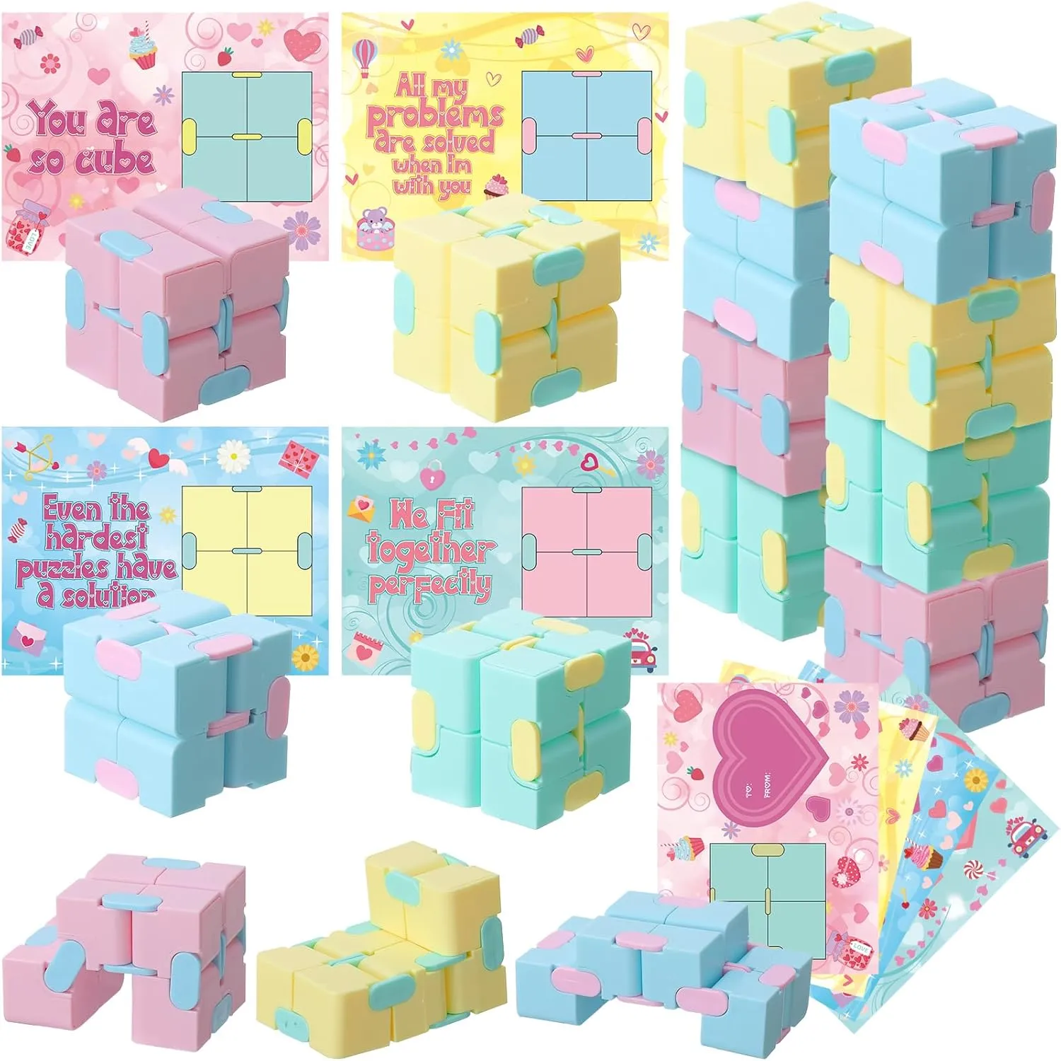 40 Set Infinity Cube with Valentine‘s Day Cards Stress and Anxiety Relief Infinity Greeting Cards Puzzle Flip Cubes for Kids Adults School Prize Valentines Exchange Gift