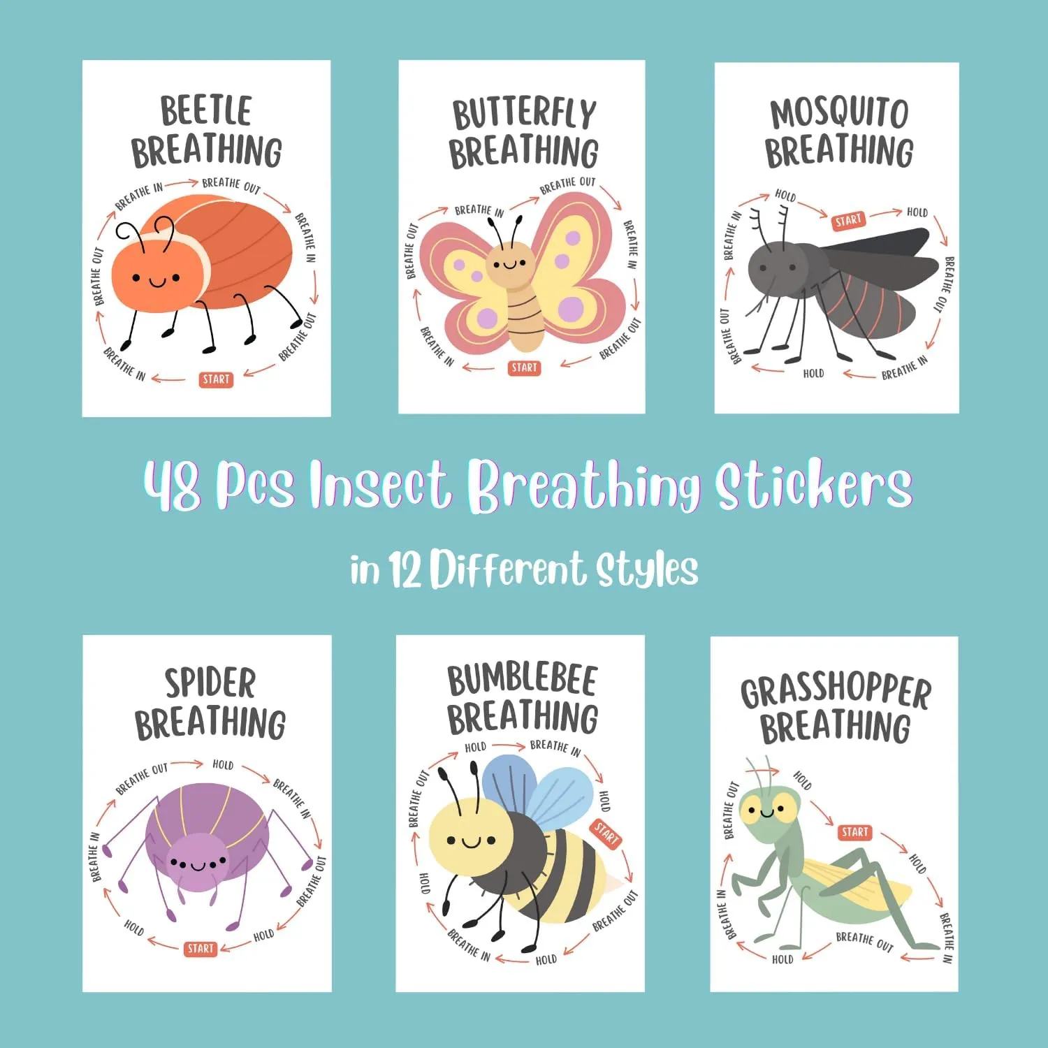 48 Pcs Insect Anxiety Sensory Stickers with 2 Different Texture, Breathing Feature Calm Strips for School Counselor Supplies, Classroom Fidget Calming Stickers for Kids