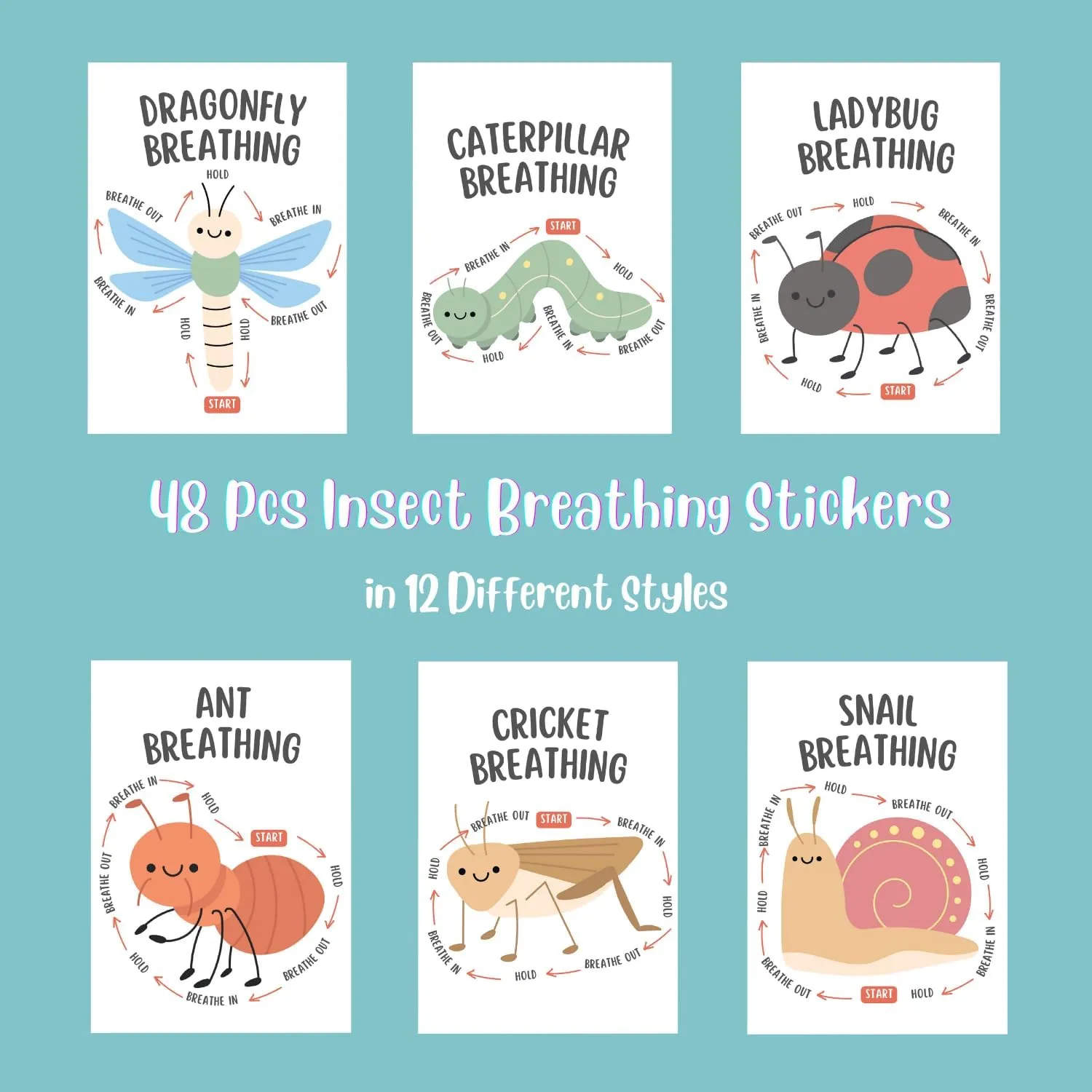 48 Pcs Insect Anxiety Sensory Stickers with 2 Different Texture, Breathing Feature Calm Strips for School Counselor Supplies, Classroom Fidget Calming Stickers for Kids