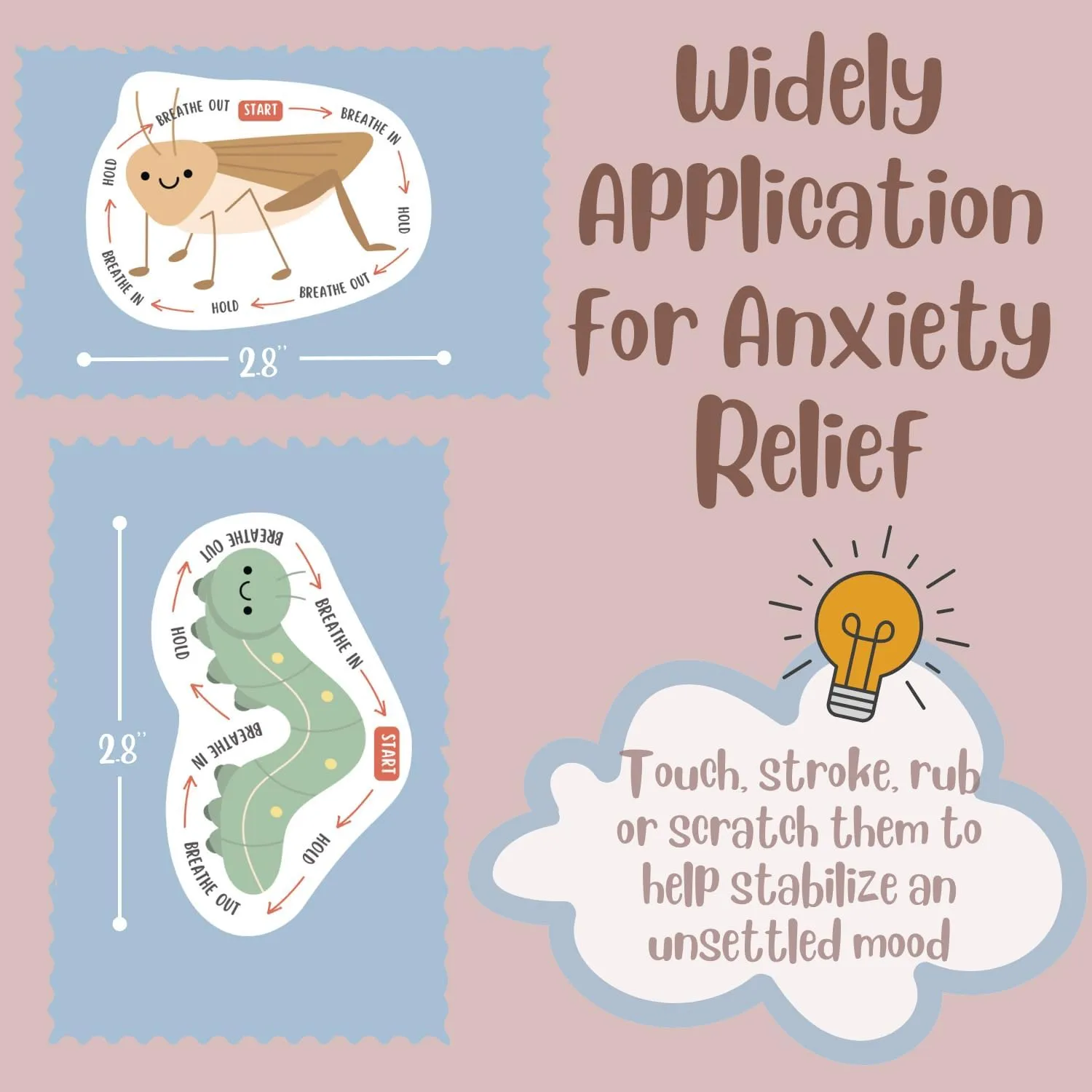 48 Pcs Insect Anxiety Sensory Stickers with 2 Different Texture, Breathing Feature Calm Strips for School Counselor Supplies, Classroom Fidget Calming Stickers for Kids