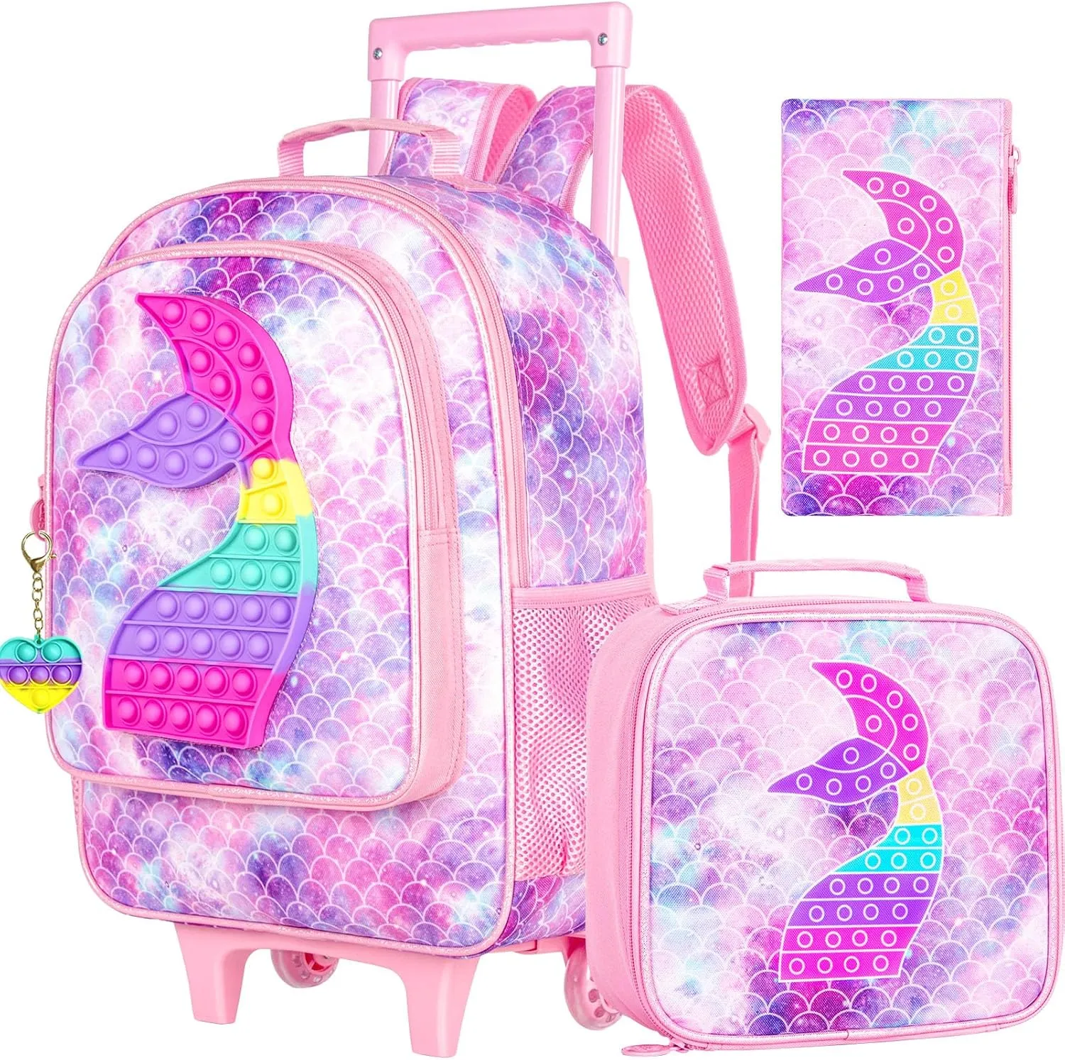 4PCS Rolling Backpack for Girls, Kids Mermaid Roller Backpacks with Wheels for Kids, Wheeled Bookbag Set for Toddler Elementary School