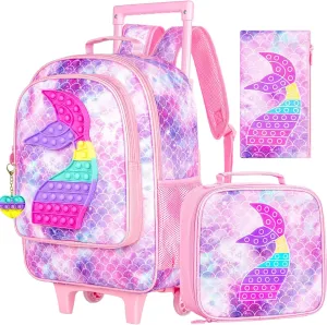 4PCS Rolling Backpack for Girls, Kids Mermaid Roller Backpacks with Wheels for Kids, Wheeled Bookbag Set for Toddler Elementary School