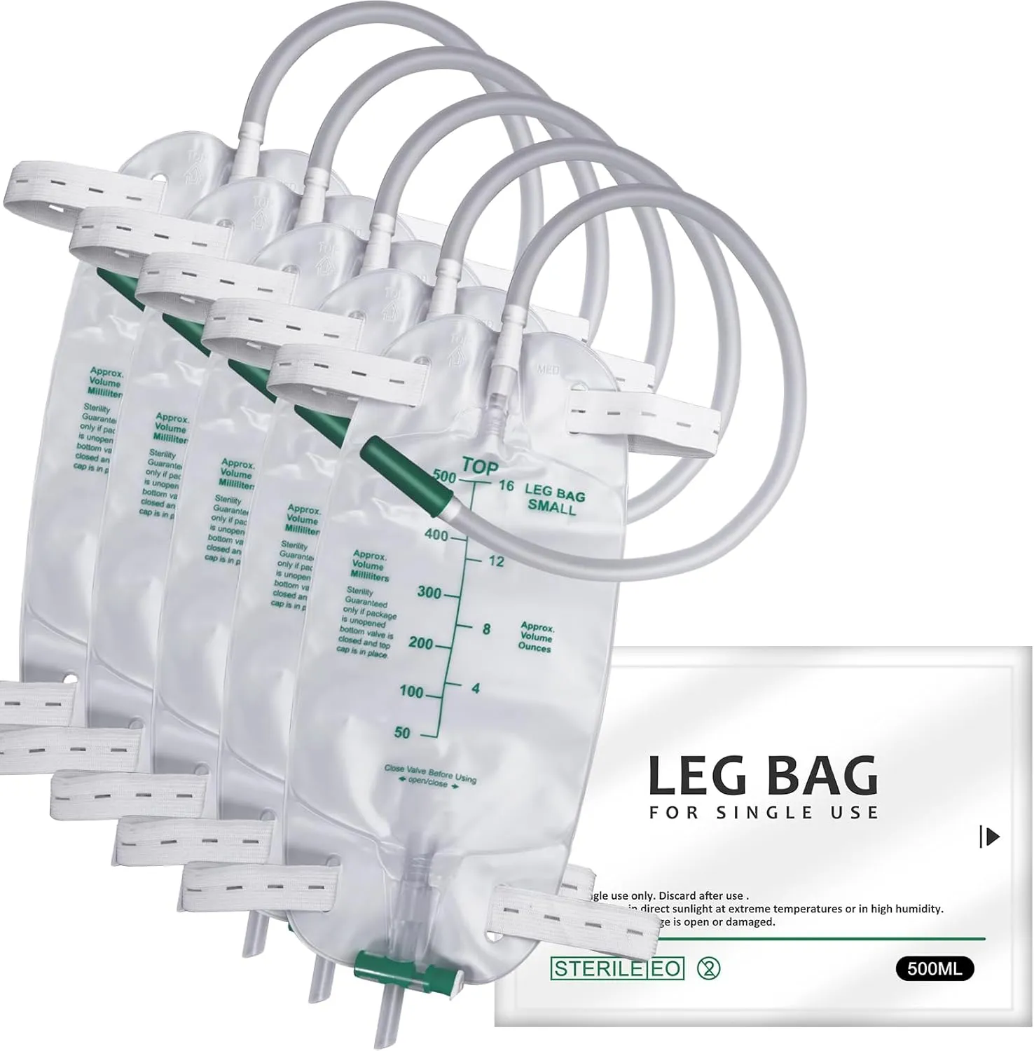 5 Pack 500ml Leg Bag with 18” Tubing – Portable & Wearable for Outdoor Activities, Travel, and On-The-Go – Leak-Proof with Adjustable Straps for Easy Drainage, Green
