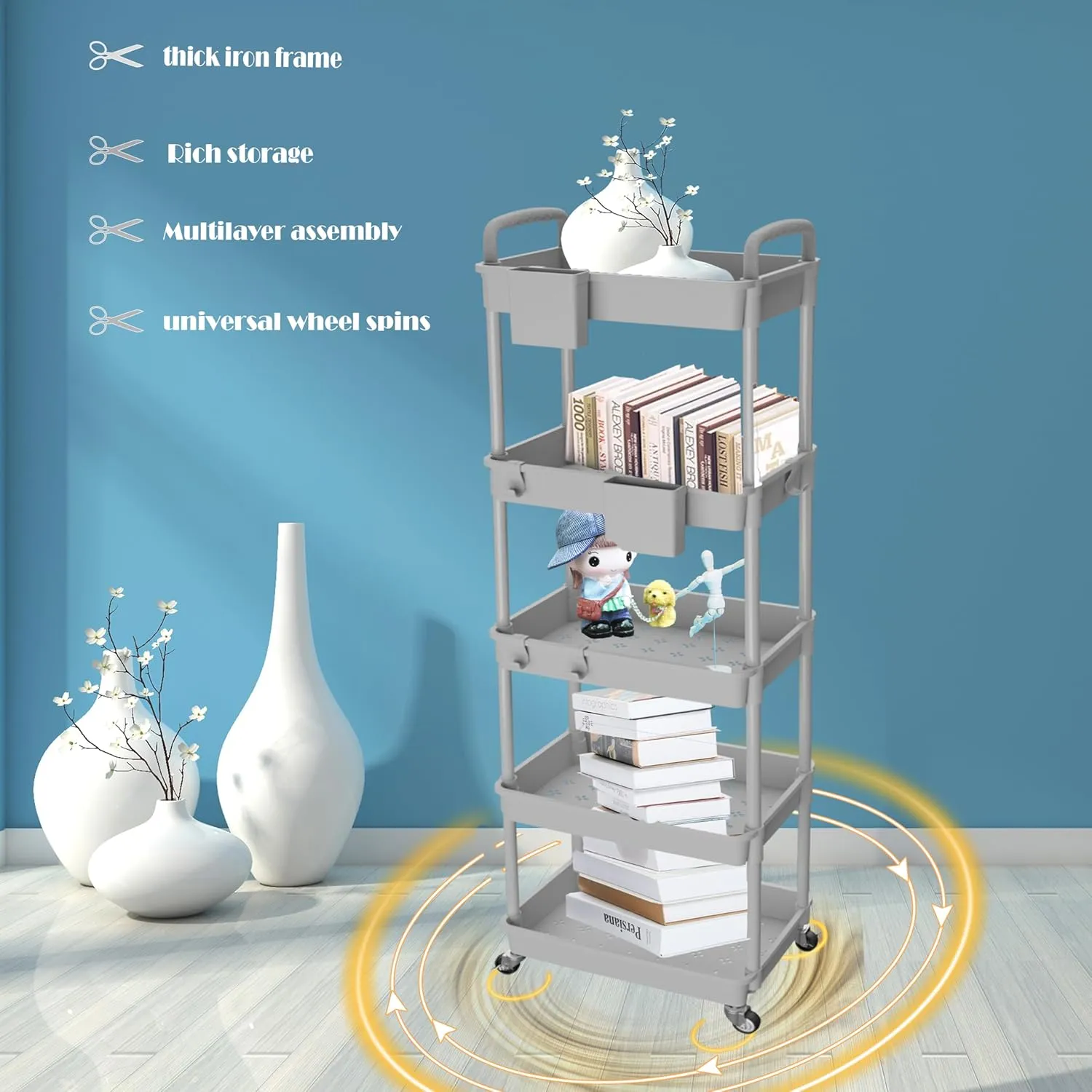 5 Tier Rolling Utility Cart with Handle, Utility Cart Made of Multifunctional Storage Organizer Tool for Kitchen,Bathroom,Living Room,Office(Gray)