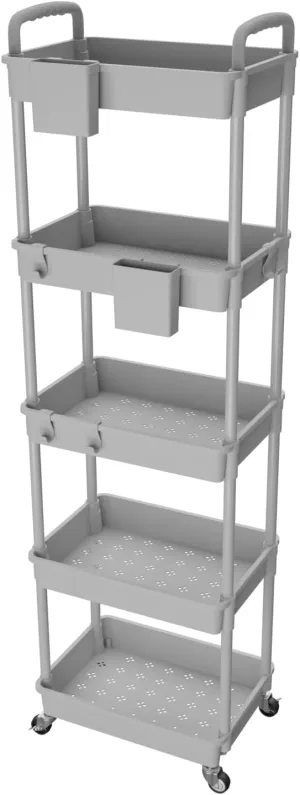 5 Tier Rolling Utility Cart with Handle, Utility Cart Made of Multifunctional Storage Organizer Tool for Kitchen,Bathroom,Living Room,Office(Gray)