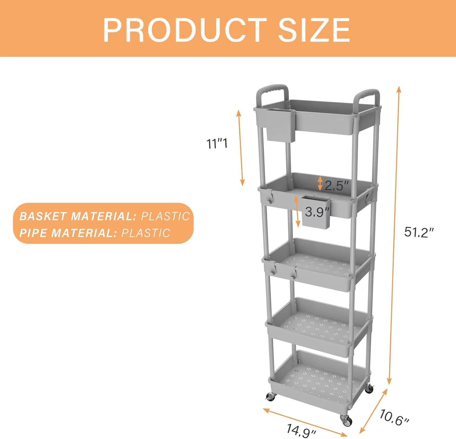 5 Tier Rolling Utility Cart with Handle, Utility Cart Made of Multifunctional Storage Organizer Tool for Kitchen,Bathroom,Living Room,Office(Gray)