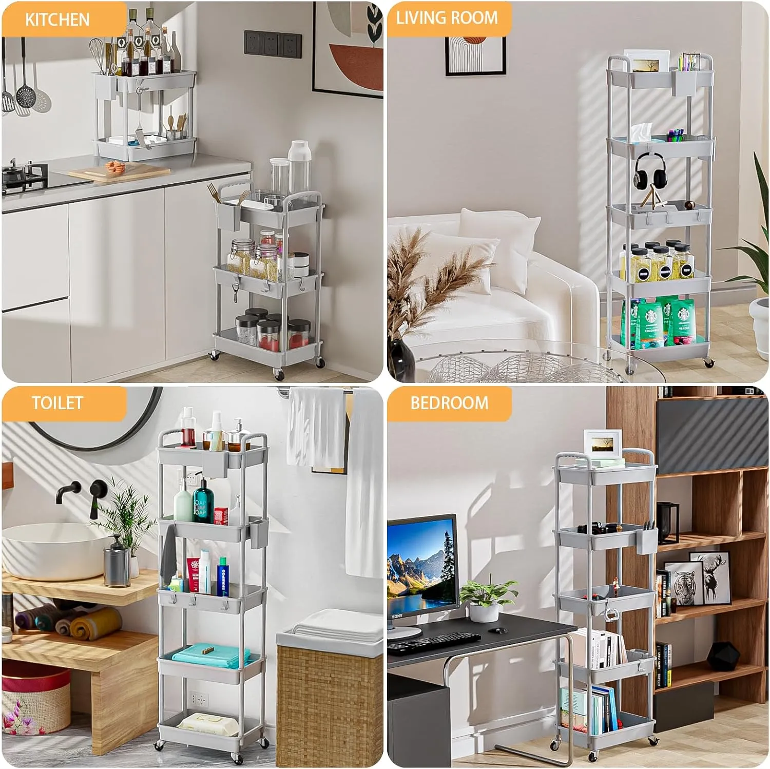 5 Tier Rolling Utility Cart with Handle, Utility Cart Made of Multifunctional Storage Organizer Tool for Kitchen,Bathroom,Living Room,Office(Gray)