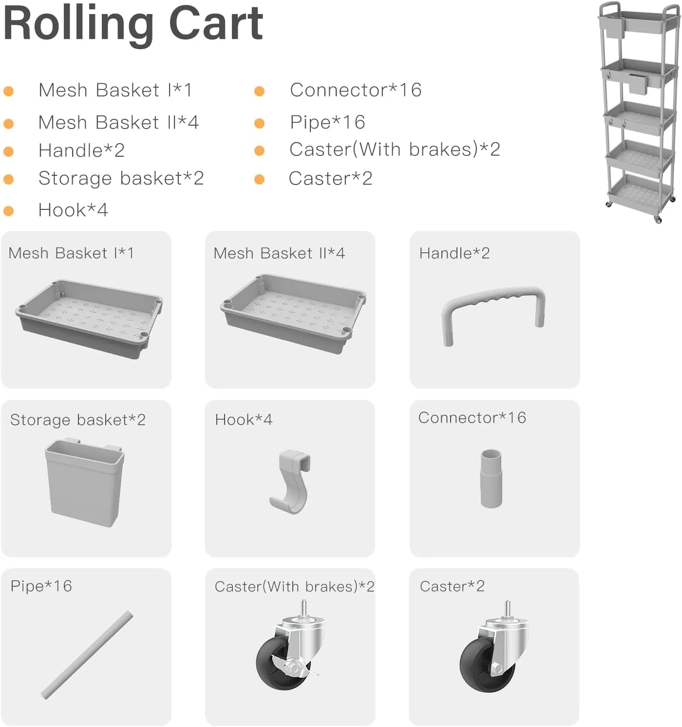 5 Tier Rolling Utility Cart with Handle, Utility Cart Made of Multifunctional Storage Organizer Tool for Kitchen,Bathroom,Living Room,Office(Gray)