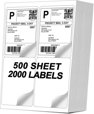 [500 Sheets 2000 Labels] 4-UP 4''x5'' Shipping Labels for Laser & Inkjet Printers, Shipping Mailing Labels, 4 Pcs Per Page Shipping Labels