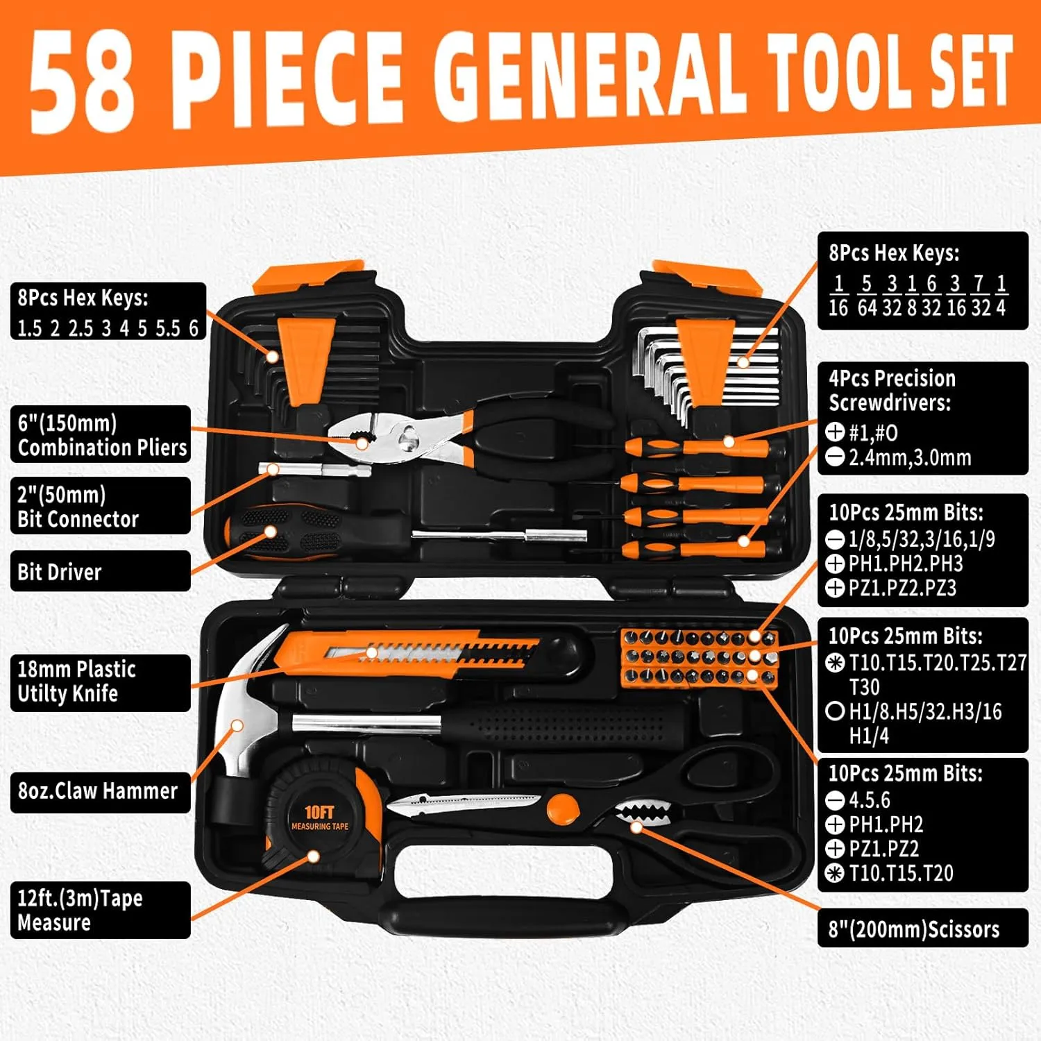 58-Piece Tool Kit Basic Home Repair Tool Set, General Household Hand Tool Kit,Small Tool Kit with Plastic Toolbox Mini Tool kit for Women, Office & College Repairs Orange