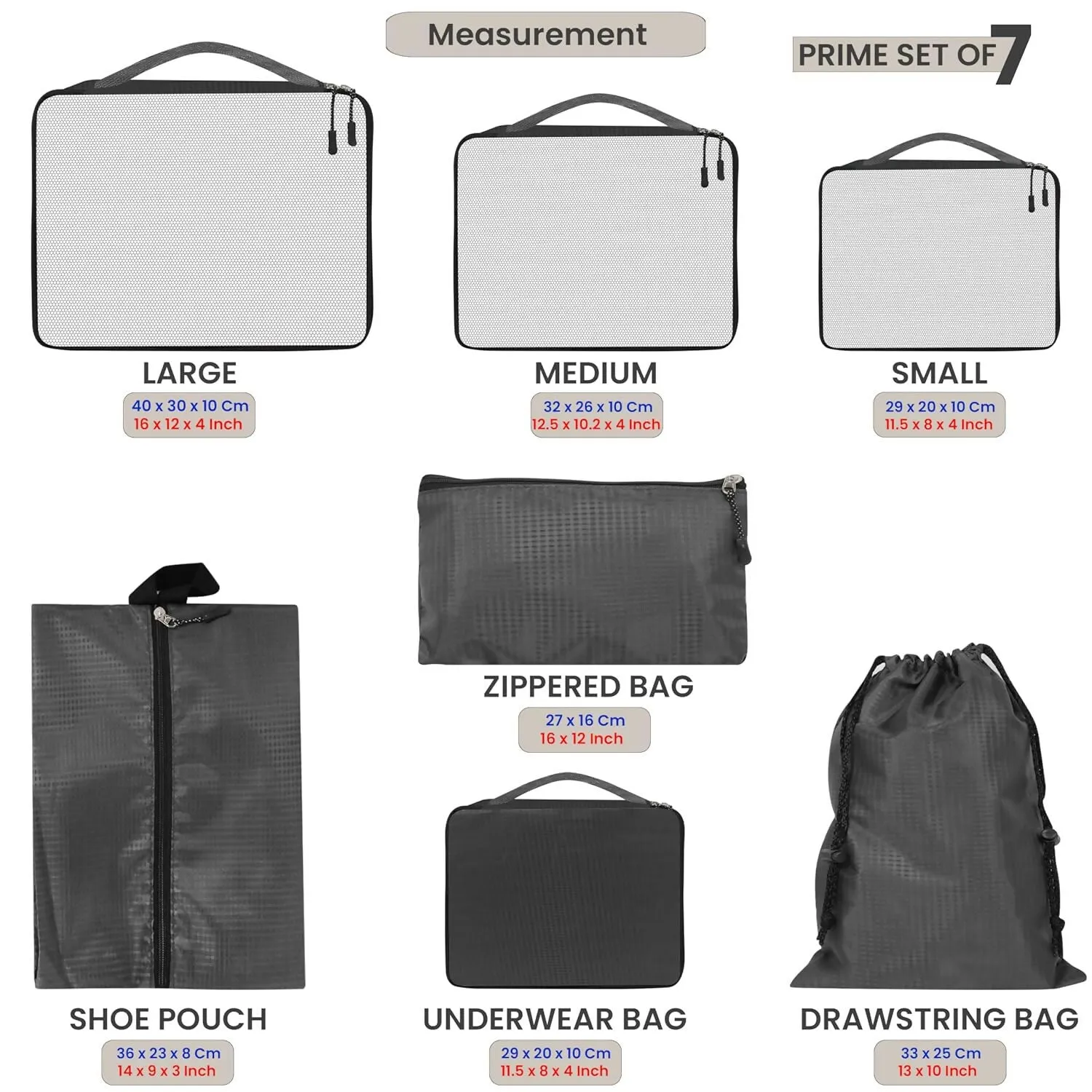 7-in-1 Travel Packing Cubes Set with Laundry, Shoe & Cosmetic Pouches (Grey)