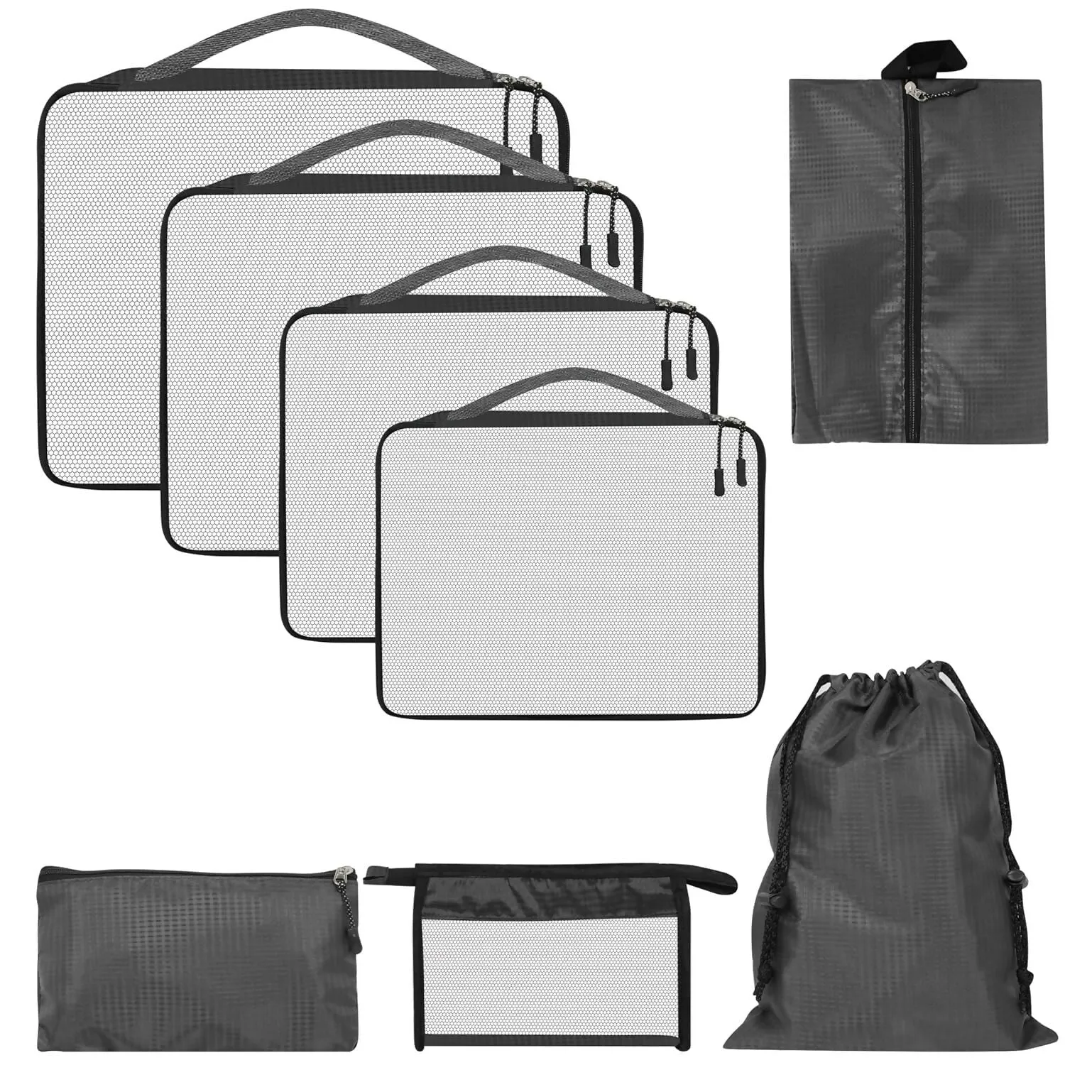 7-in-1 Travel Packing Cubes Set with Laundry, Shoe & Cosmetic Pouches (Grey)