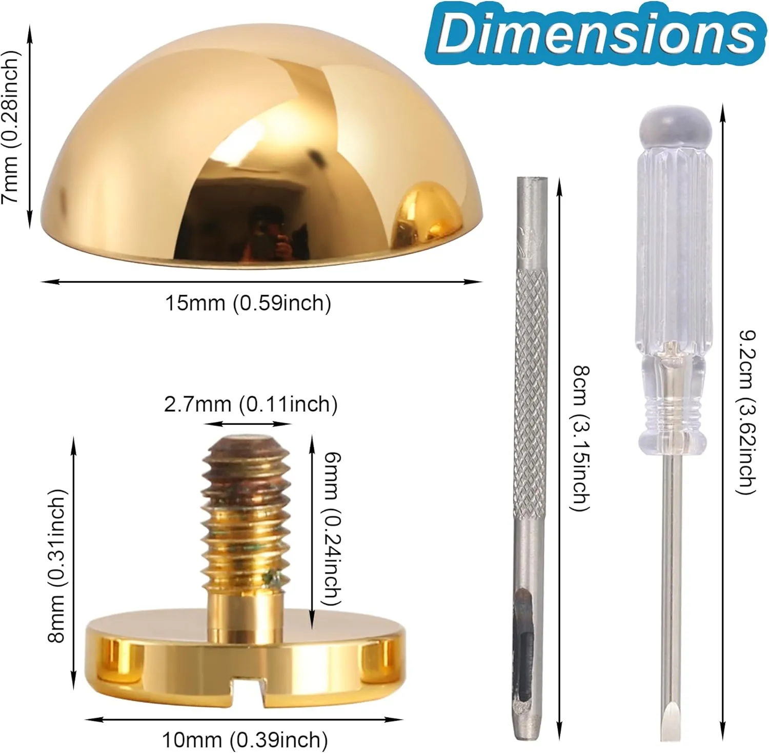 8 Sets 15MM Purse Hardware Brass Studs for Clothing Rivets for Leather Purse Feet for Handbags Spikes and Studs for Repair and Decorate Clothing Shoes Belt Pet Collar Leather Crafts (Gold)